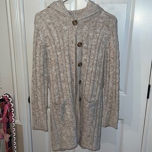 Long button up sweater with hood